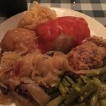The "Pick 3 Combo." Clockwise from top. Sauerkraut, Cabbage Roll, City Chicken, Green Beans, Chicken Livers with Onions, Mashed Potatoes. Wow.