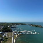 This is the view of Put-In-Bay from the top of the monument. You can see the power plant on the mainland in the distance. Green Island is the small island in the direction of the power plant. Rattlesnake island is to the right.